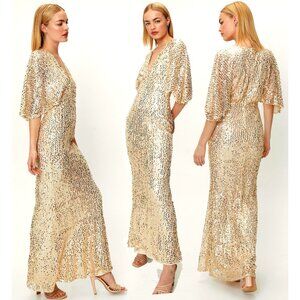 💥SHOWSTOPPER!💥Sequin Angel Sleeve Plunge Maxi Dress in Champagne